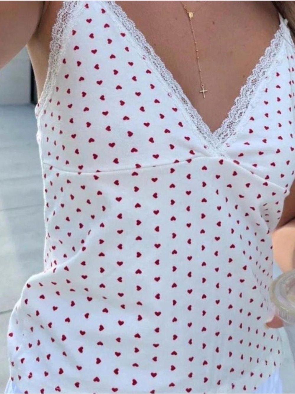 Brandy Melville Amara White Tank Top with Red Hearts & Lace Trim (one size)